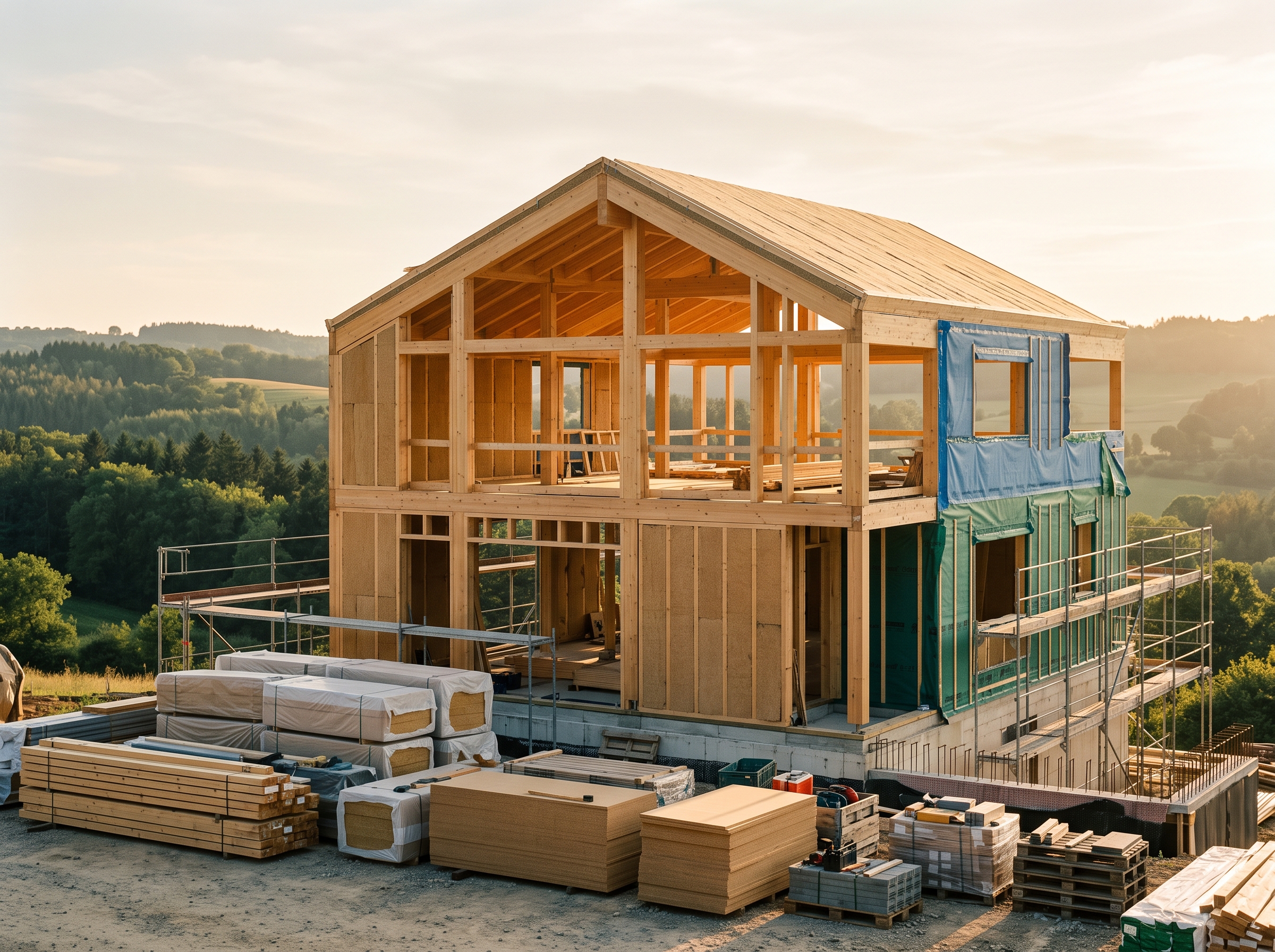 Chantier passif : ossature bois apparente, panneaux de fibre de bois, membranes d'étanchéité tendues