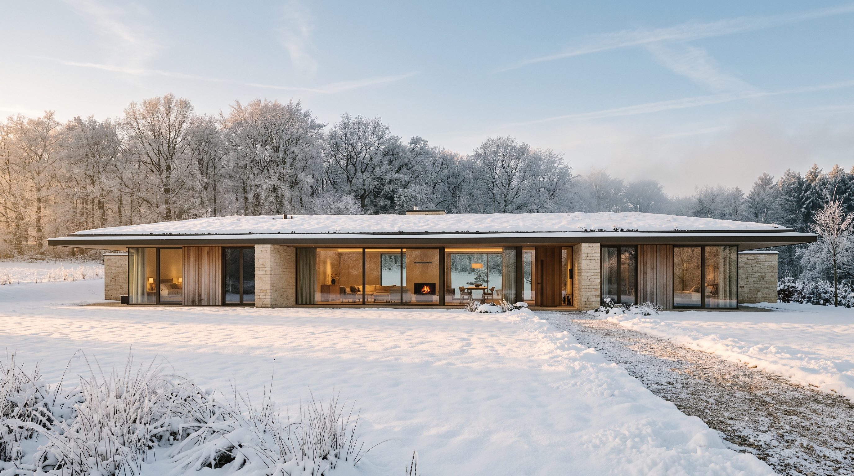 Villa passive sous la neige, baies chaleureuses au soleil d'hiver