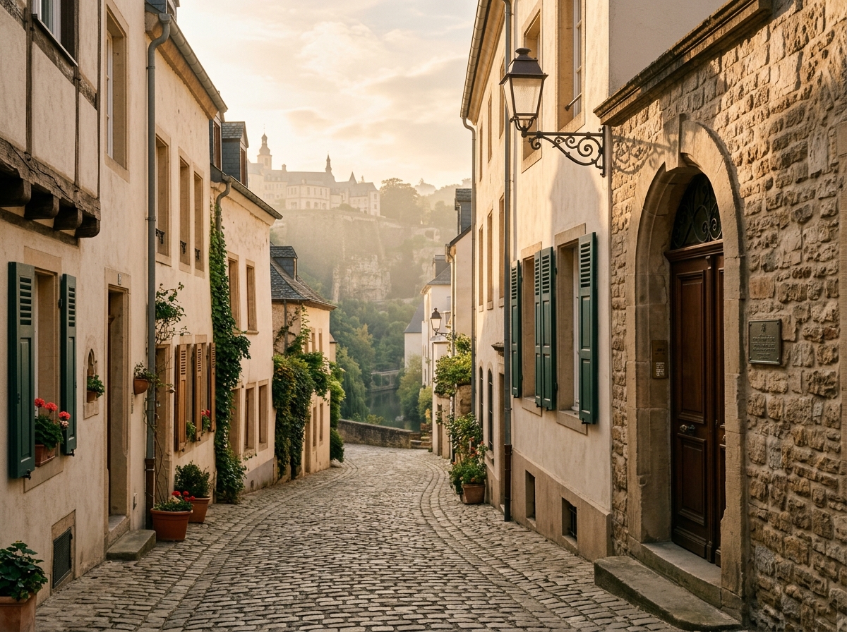 La rue Münster au Grund, façades de pierre dans la lumière du soir