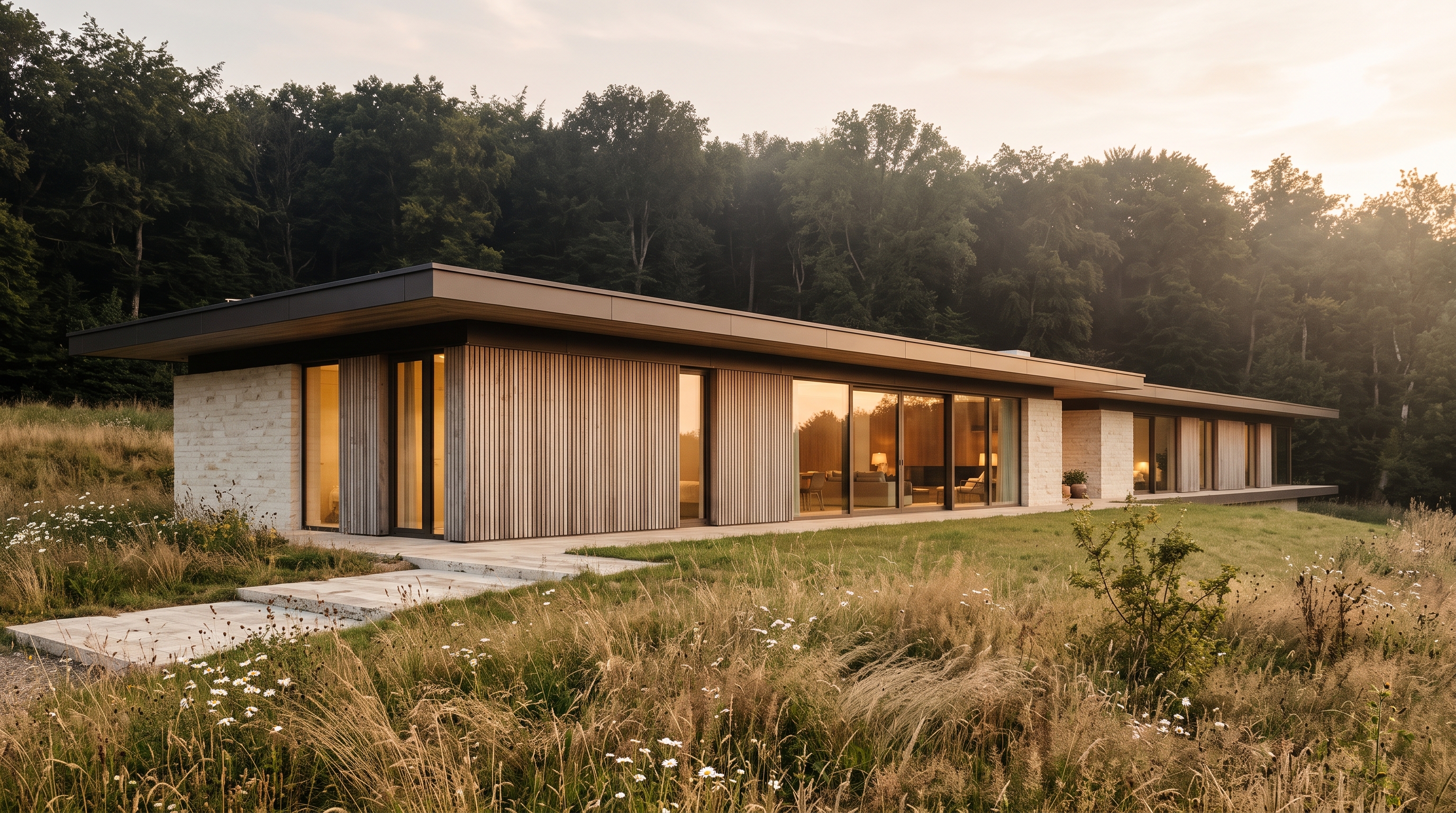 Villa passive contemporaine en pierre calcaire et mélèze au coucher du soleil, campagne luxembourgeoise