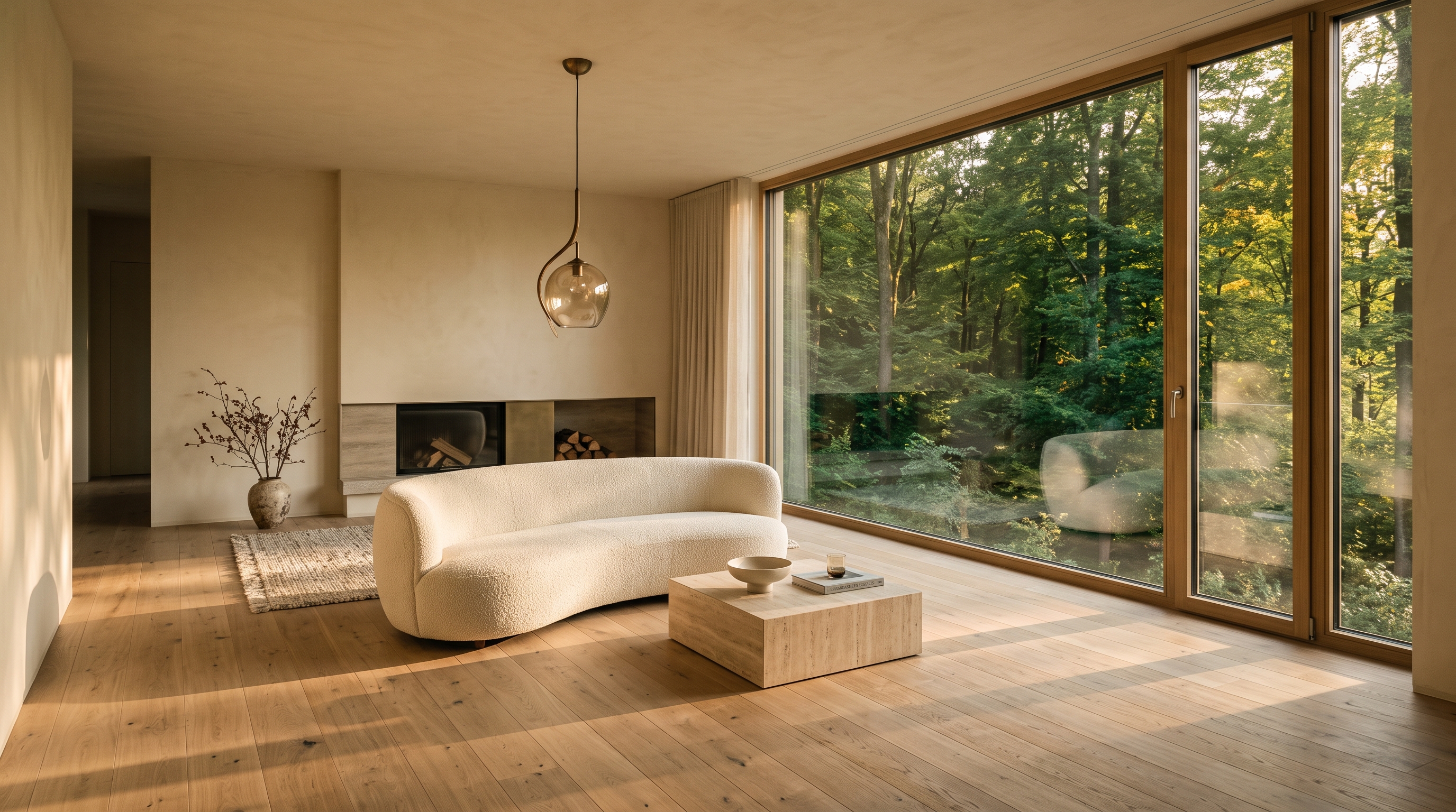 Séjour d&rsquo;une villa passive&nbsp;: parquet de chêne, baie triple vitrage sur la forêt, lumière de fin de journée