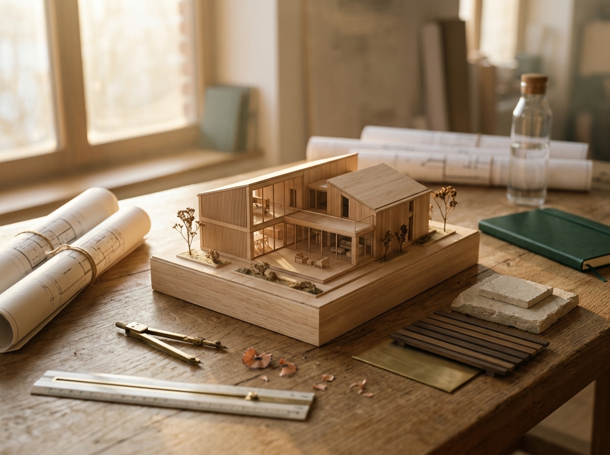 Maquette de travail en bois entourée de plans roulés et d'échantillons de pierre