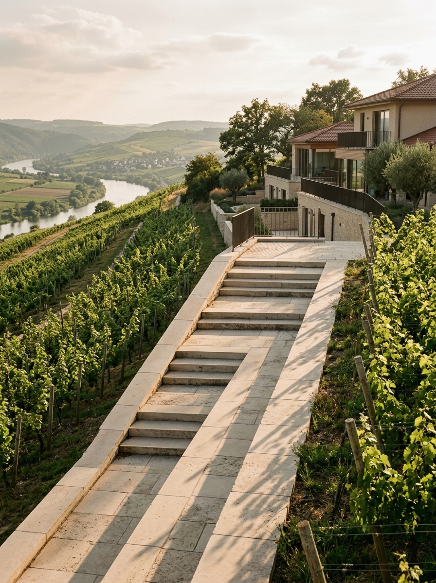 Emmarchements de calcaire suivant la pente du vignoble