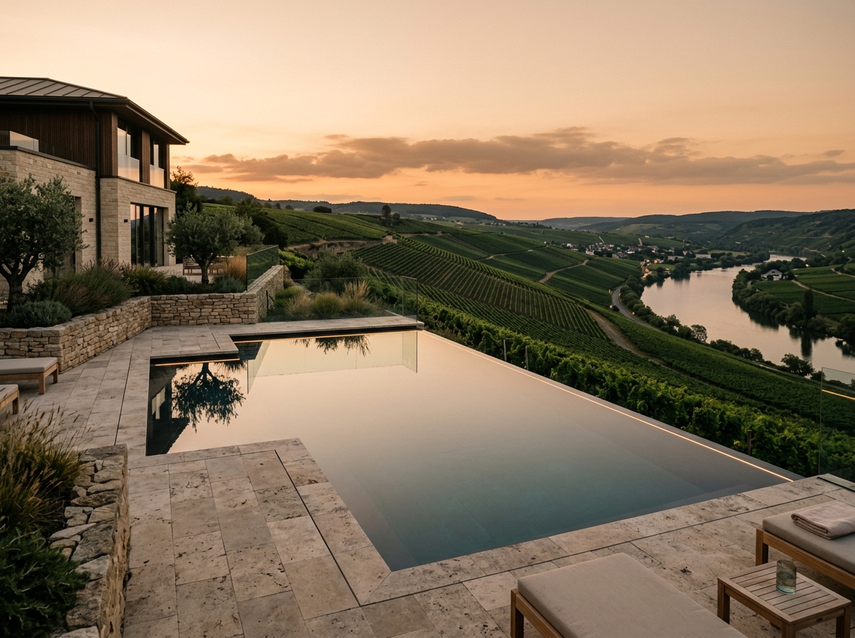 Piscine miroir au crépuscule, vignes et boucle de la Moselle en arrière-plan