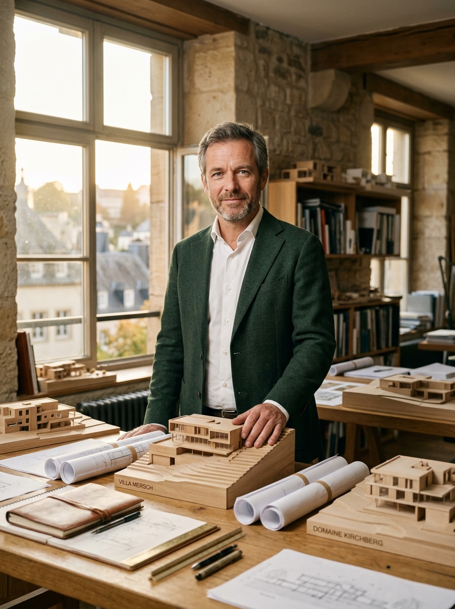 Paul Reuter, architecte fondateur, dans son atelier entouré de maquettes de villas