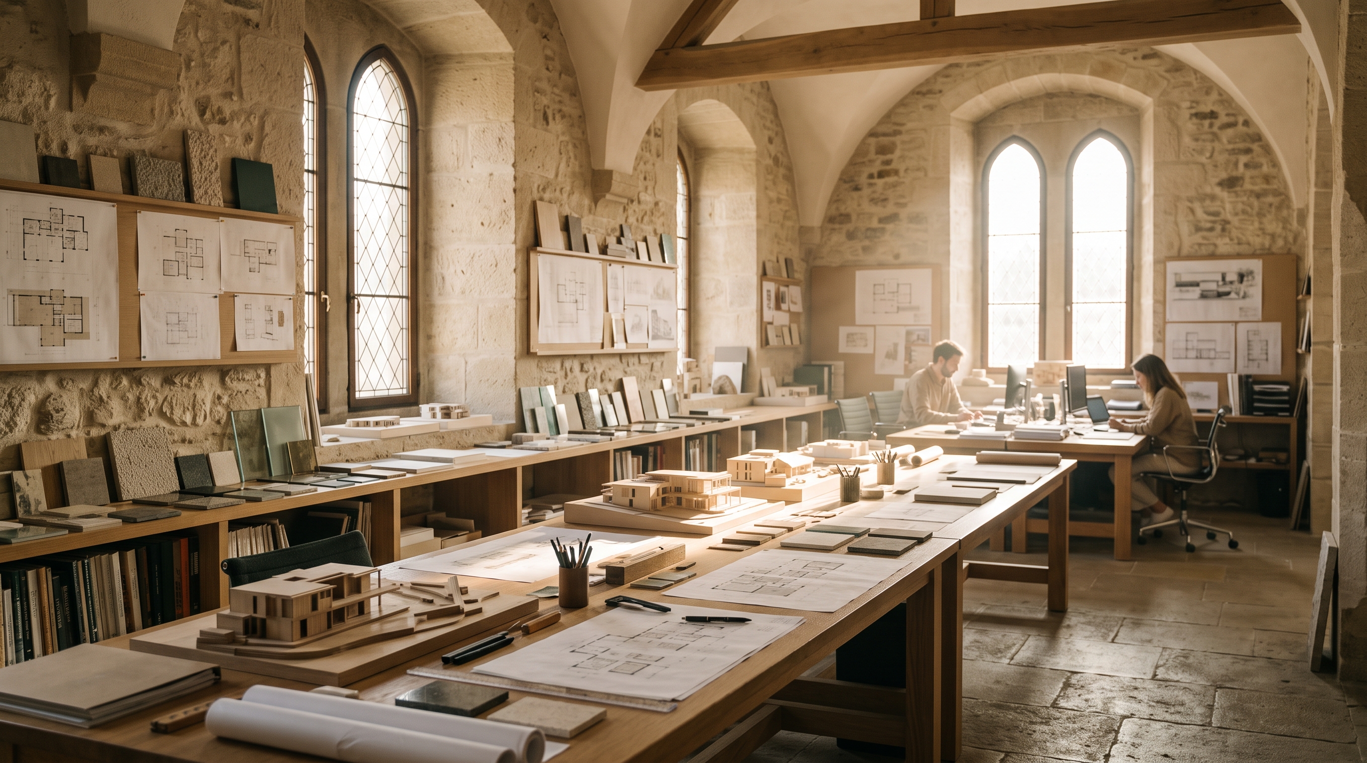 L'atelier rue Münster : longues tables de chêne, maquettes de villas, hautes fenêtres sur l'Alzette