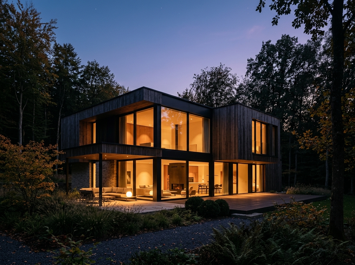 Villa Grünewald à l'heure bleue, lumière ambrée dans les baies vitrées sous les hêtres
