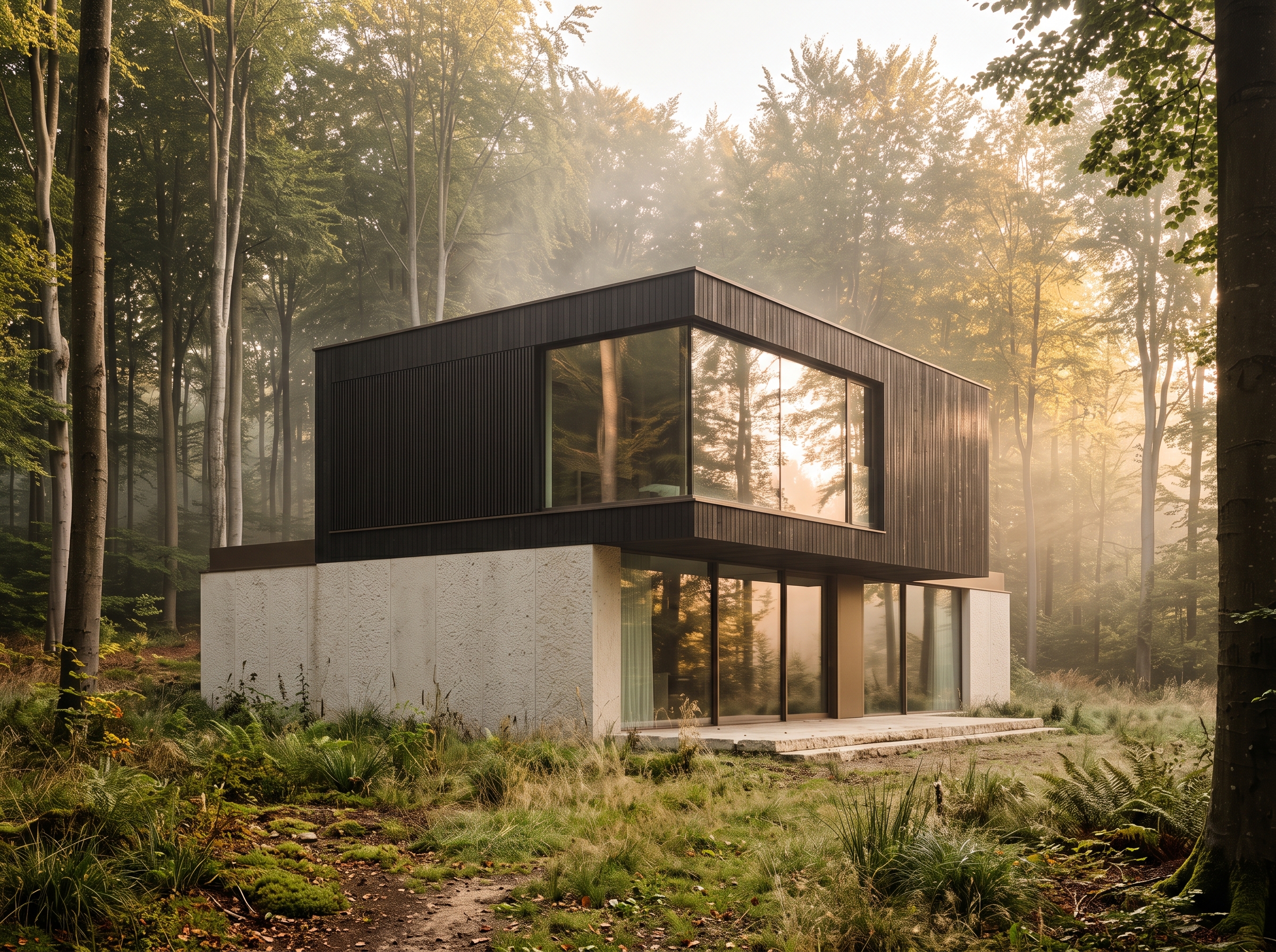 Villa Grünewald dans une clairière de hêtres à Bridel, volumes de bois sombre sur socle de pierre