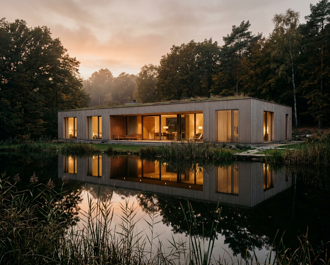 Villa Weiher au bord d&rsquo;un étang à Kockelscheuer, reflet dans l&rsquo;eau au crépuscule
