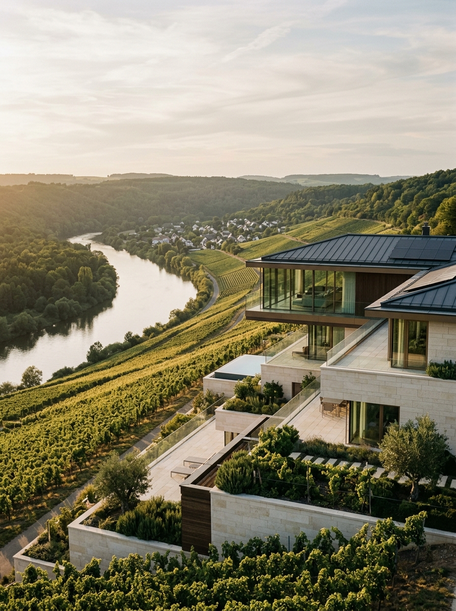 Maison Mosella en terrasses au-dessus des vignes de la Moselle à Remich