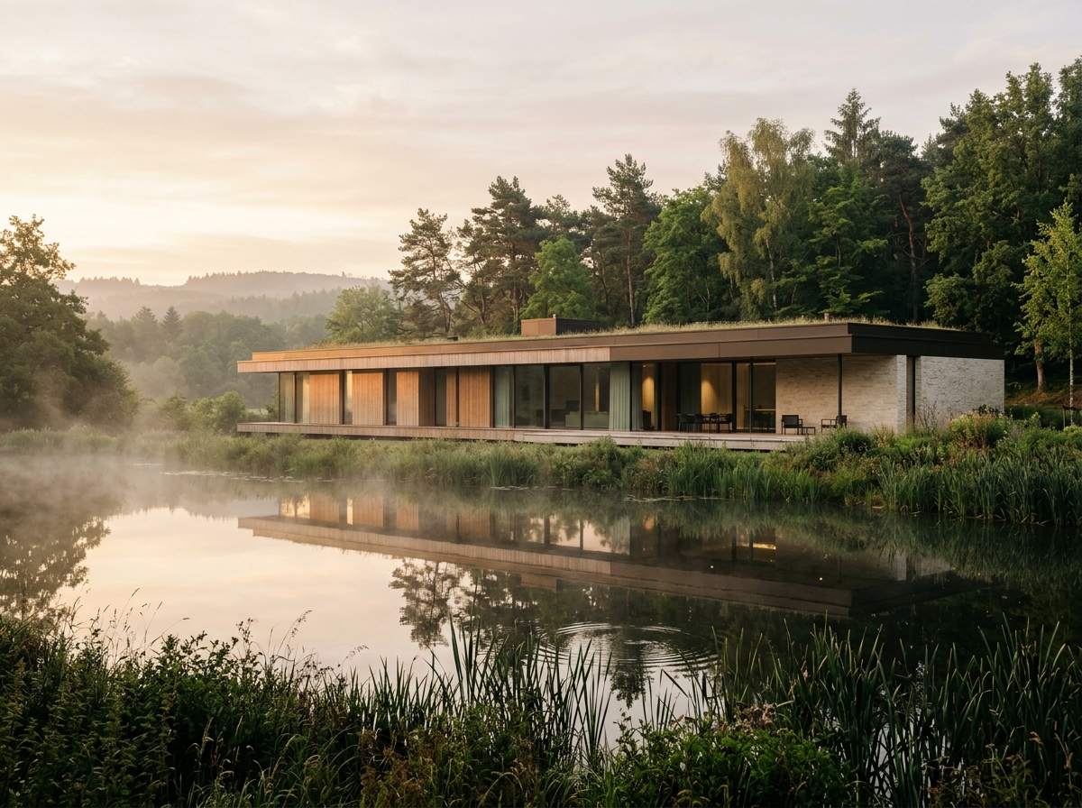 Villa Weiher à l'aube, brume fine sur l'étang, roseaux au premier plan