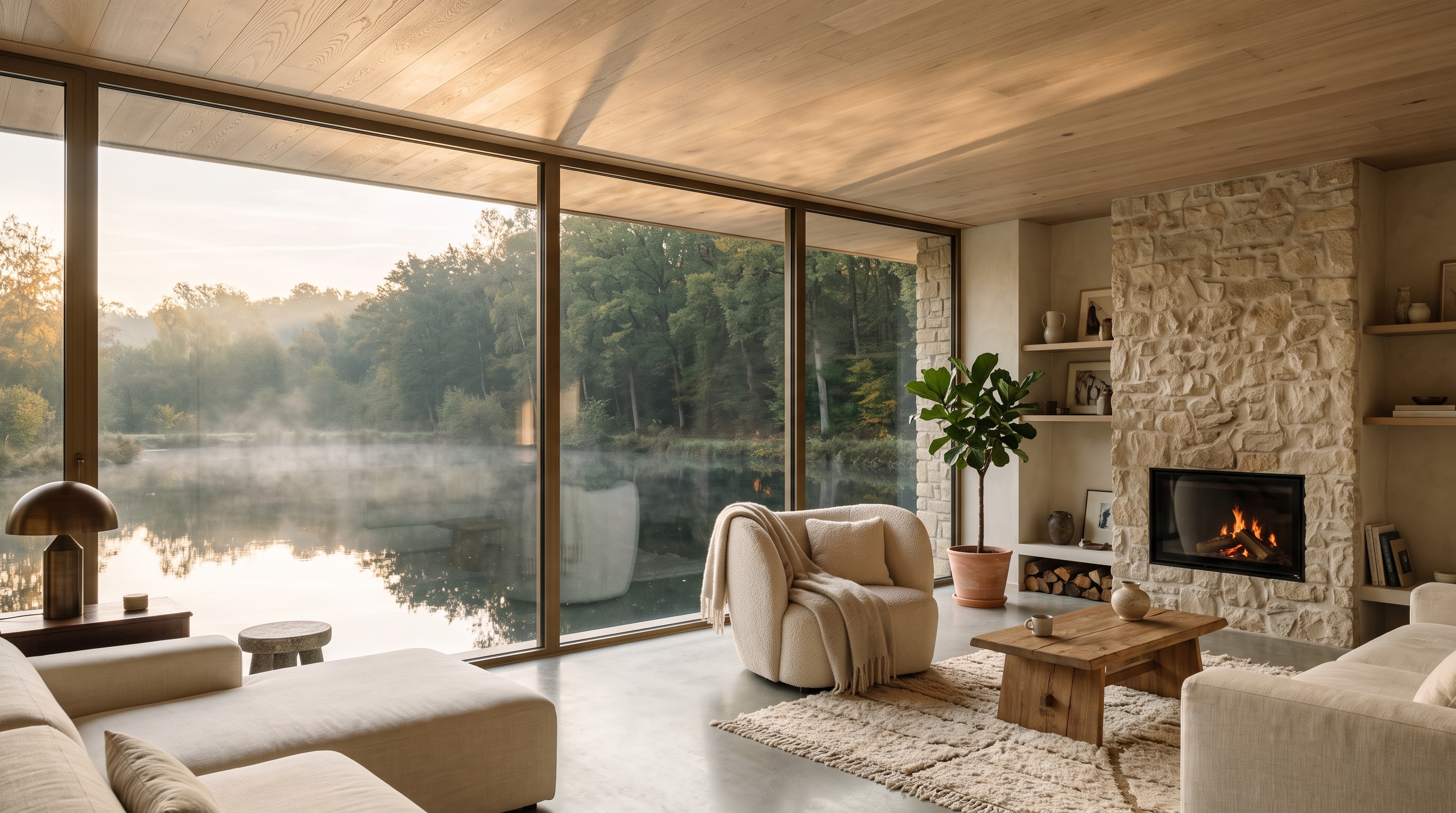 Séjour au ras de l'eau : plafond de chêne clair, fauteuils bouclés ivoire, reflets de l'étang